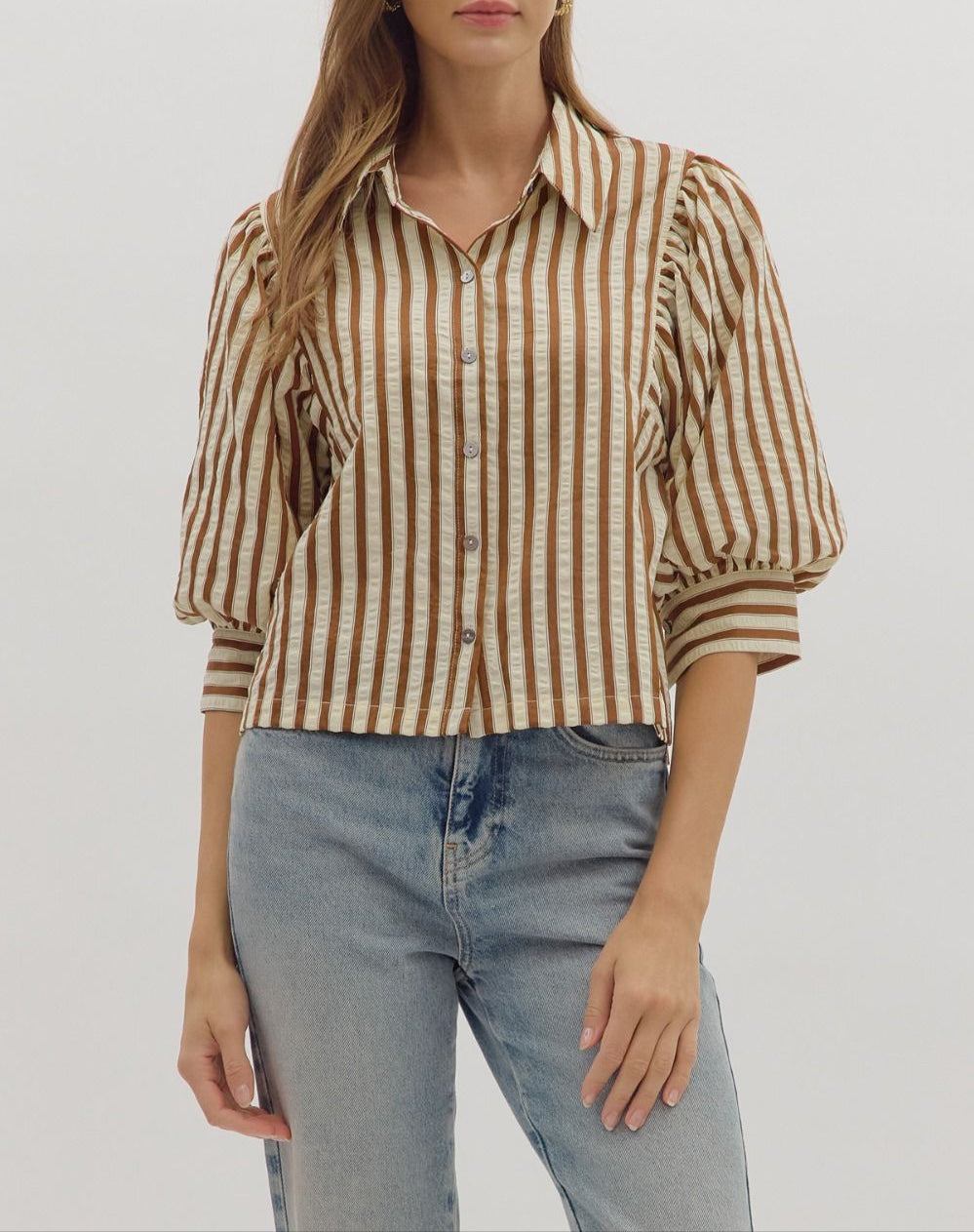 Can't Escape Striped Button Up Top - Brown