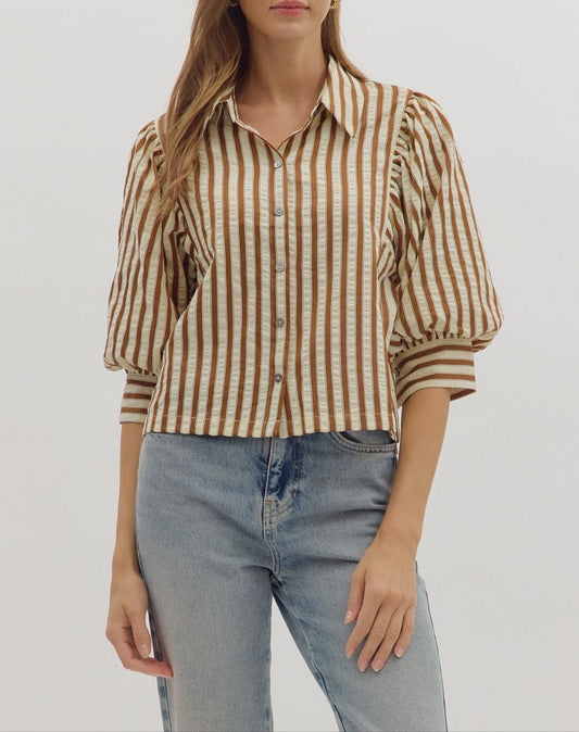 Can't Escape Striped Button Up Top - Brown