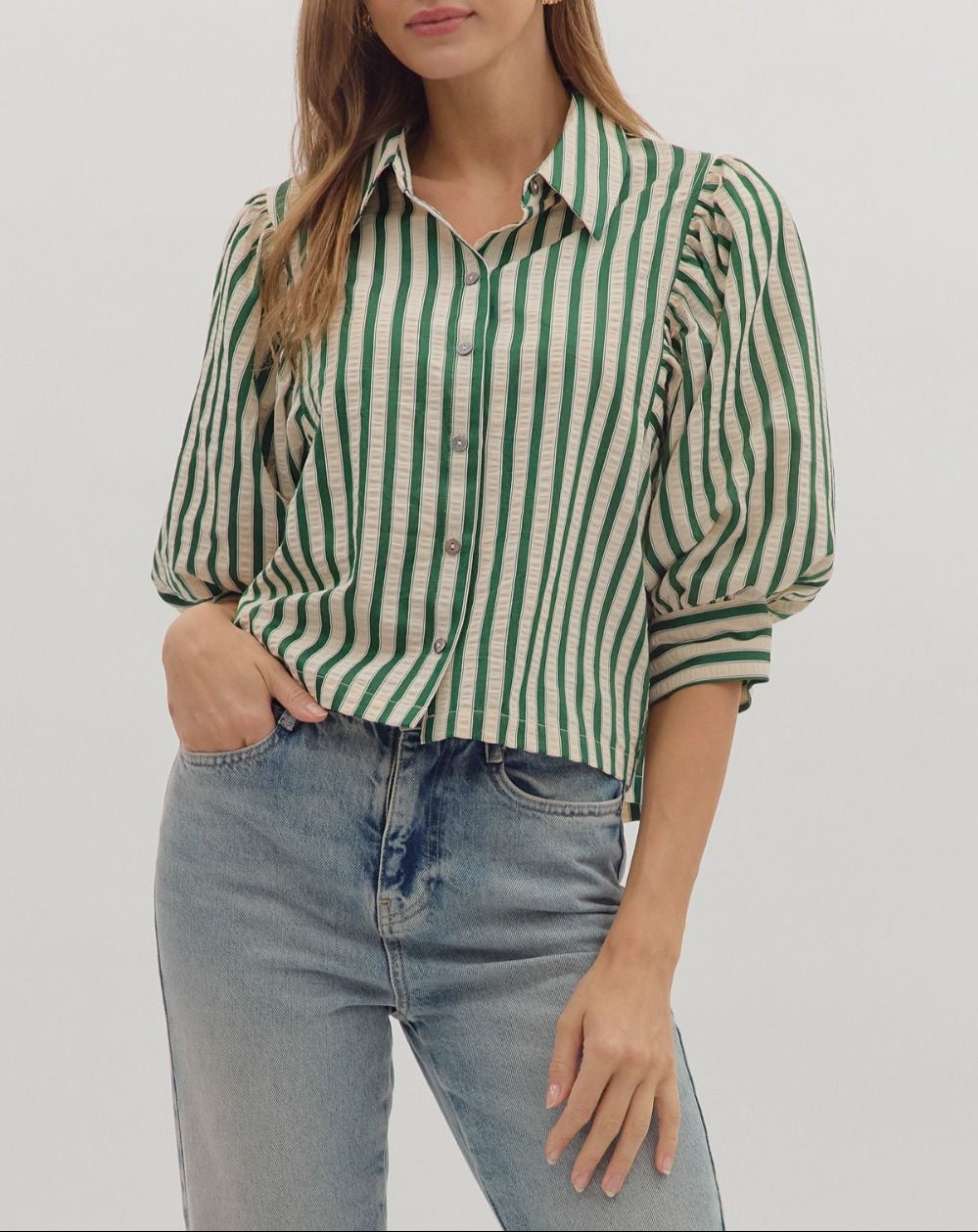 Can't Escape Striped Button Up Top - Hunter Green