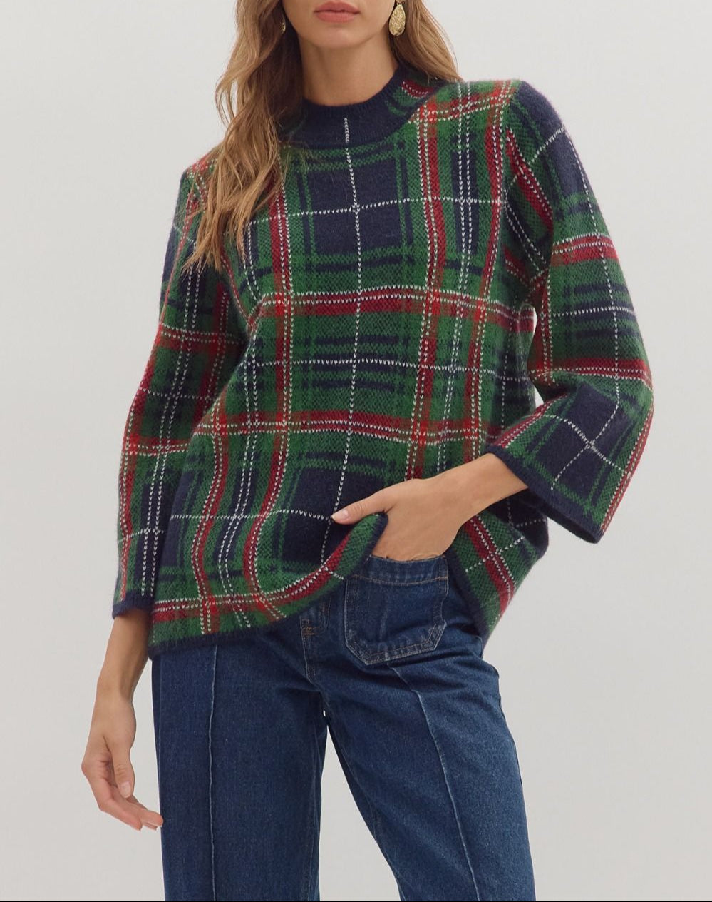 Sweater Weather Plaid Mock Neck - Navy