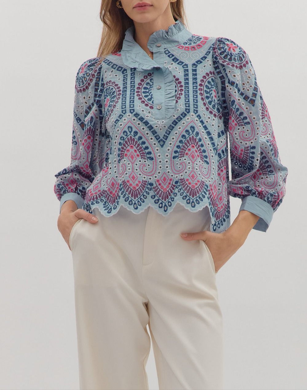 Put On Embroidered Eyelet Top - Chambray