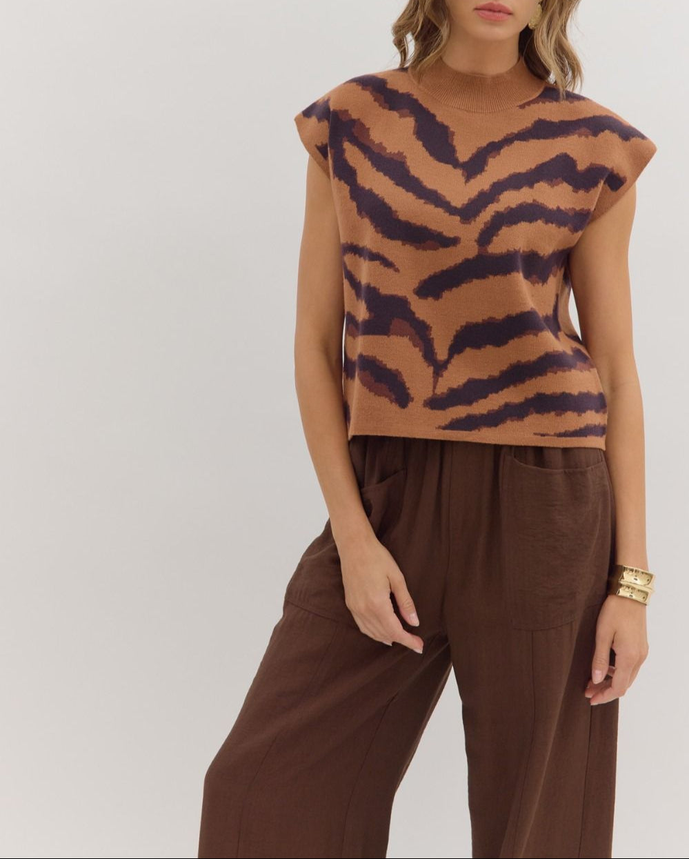Talk About It Animal Print Mock Neck Top - Camel