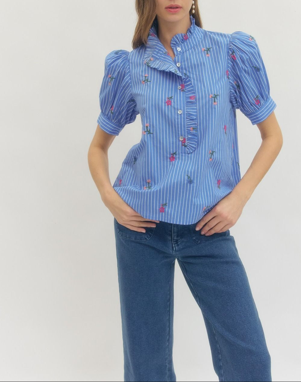 Be Basic Floral Stripe Puff Sleeve Top - Blue