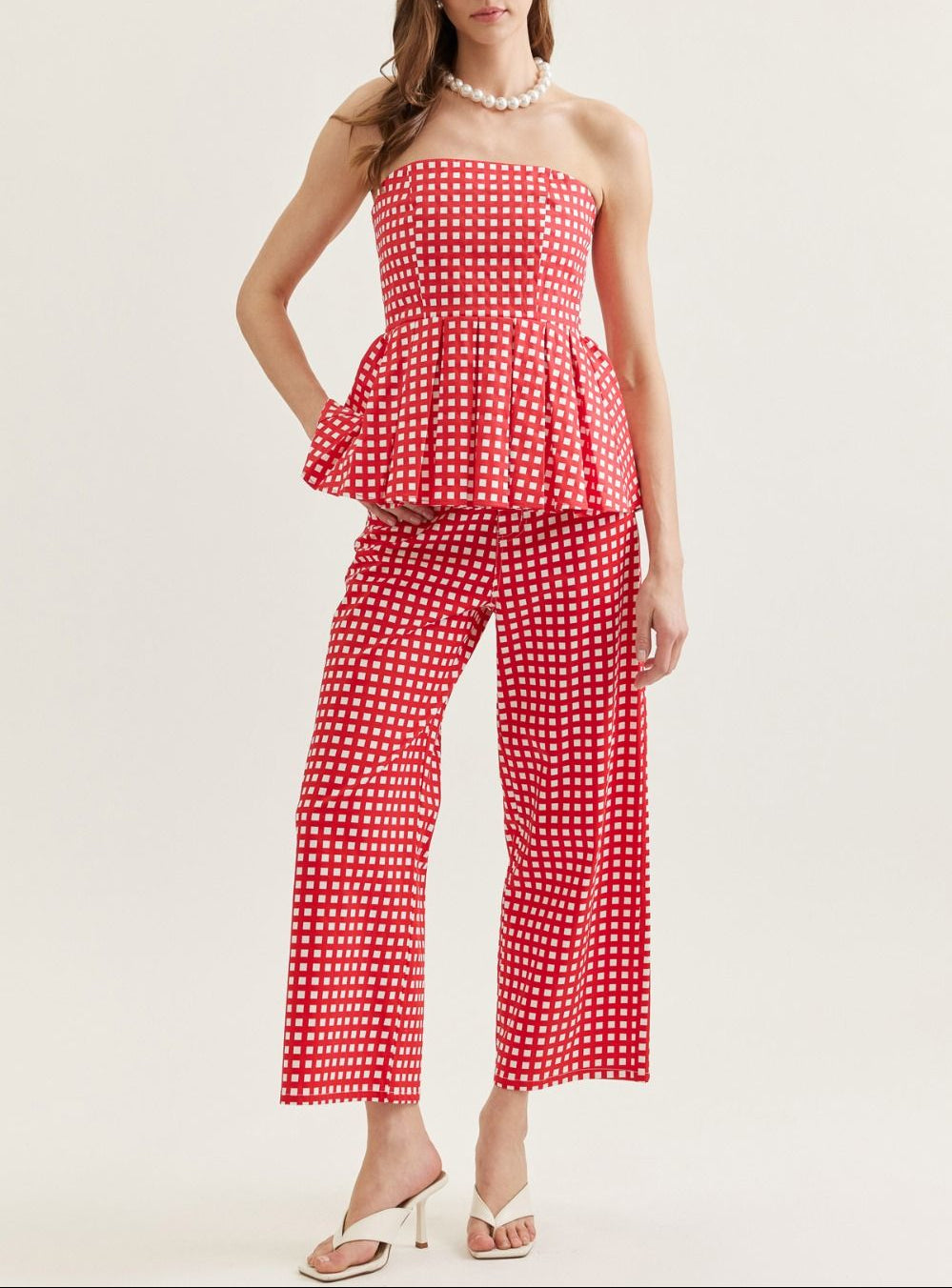 Pick Me Checkered Strapless Peplum Top - Red
