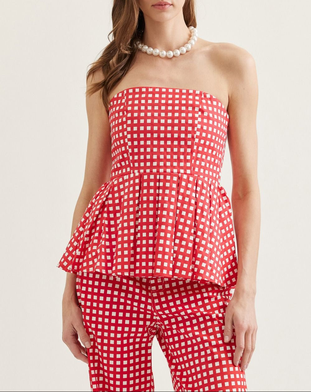 Pick Me Checkered Strapless Peplum Top - Red