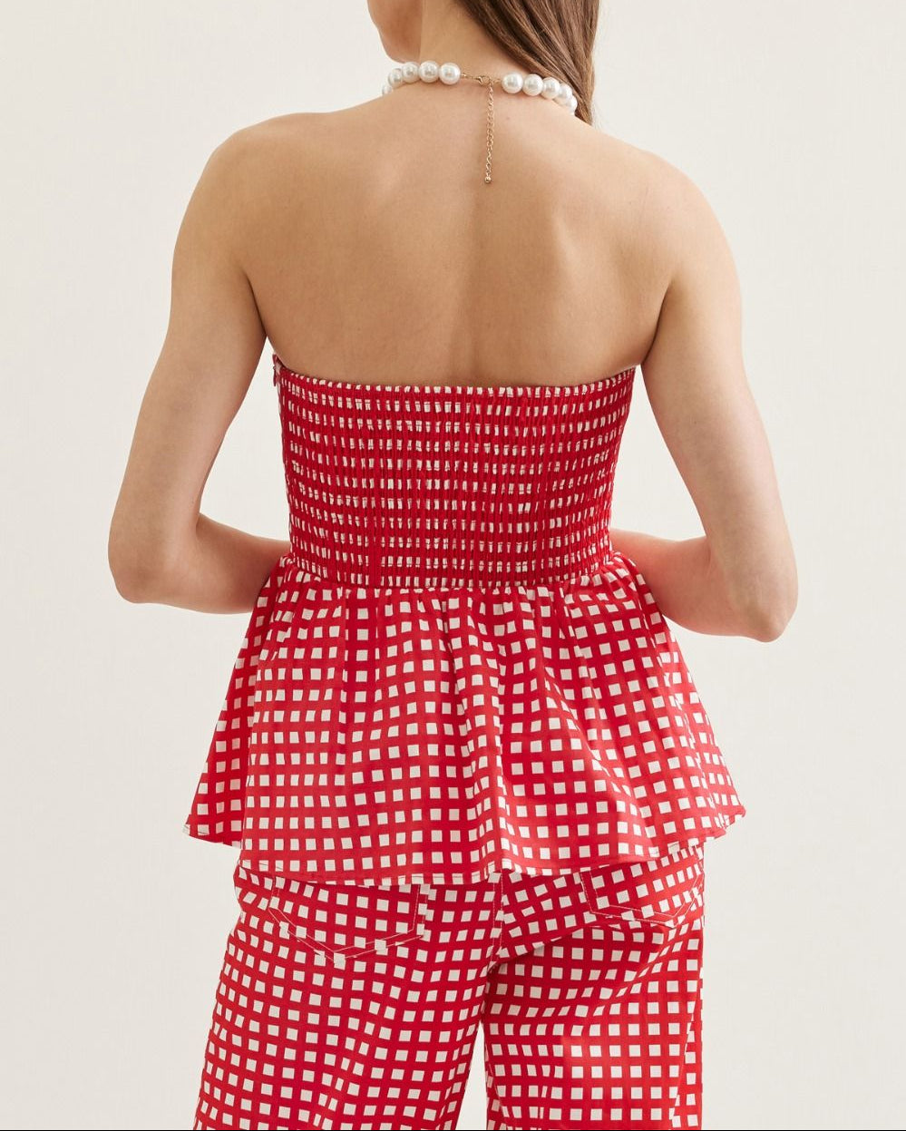Pick Me Checkered Strapless Peplum Top - Red