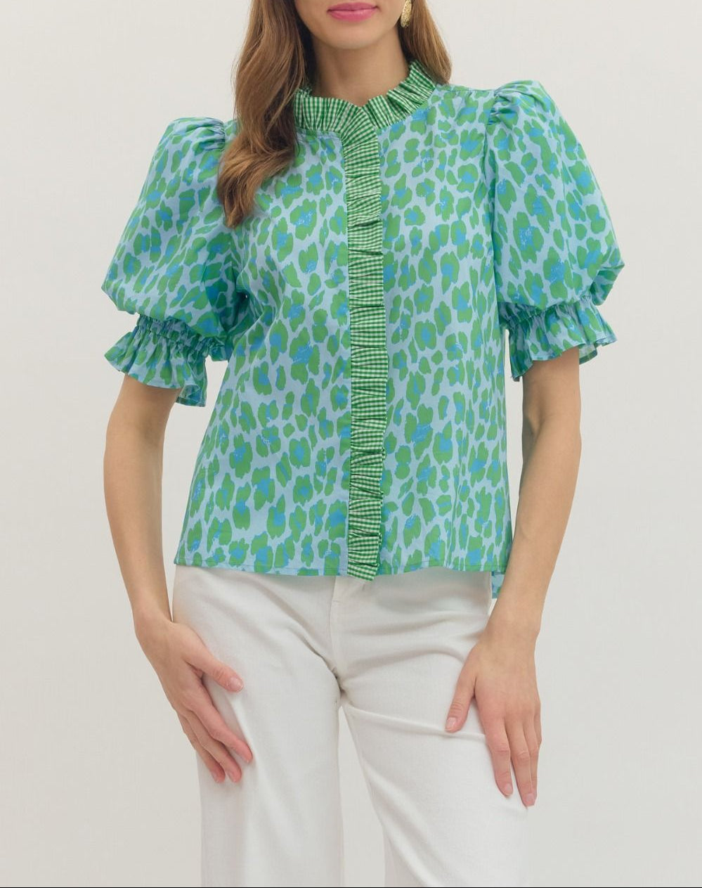 Hear Me Leopard Print Puff Sleeve Top - Green