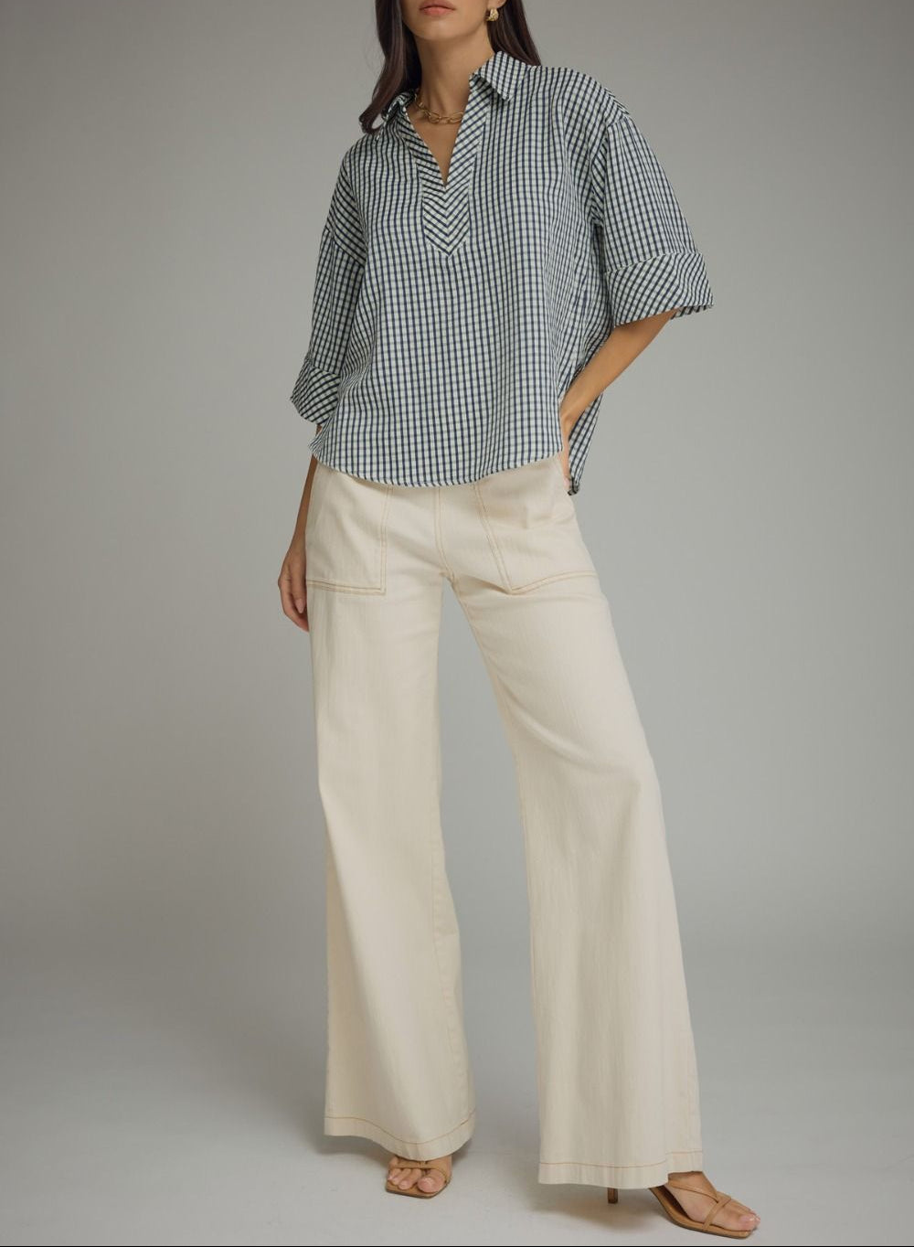 True Colors Gingham 3/4 Sleeve Top - Navy