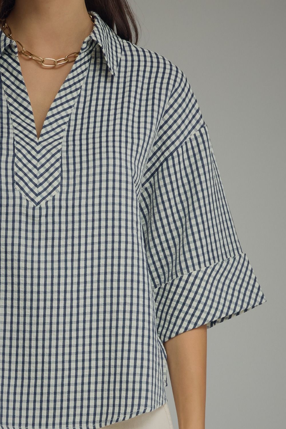 True Colors Gingham 3/4 Sleeve Top - Navy
