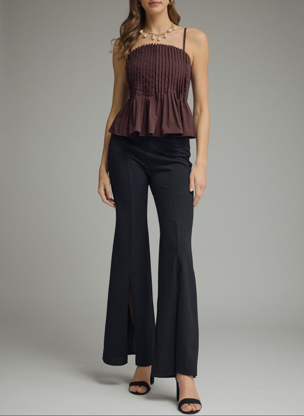 Only One Pleated Peplum Cami Top - Brown