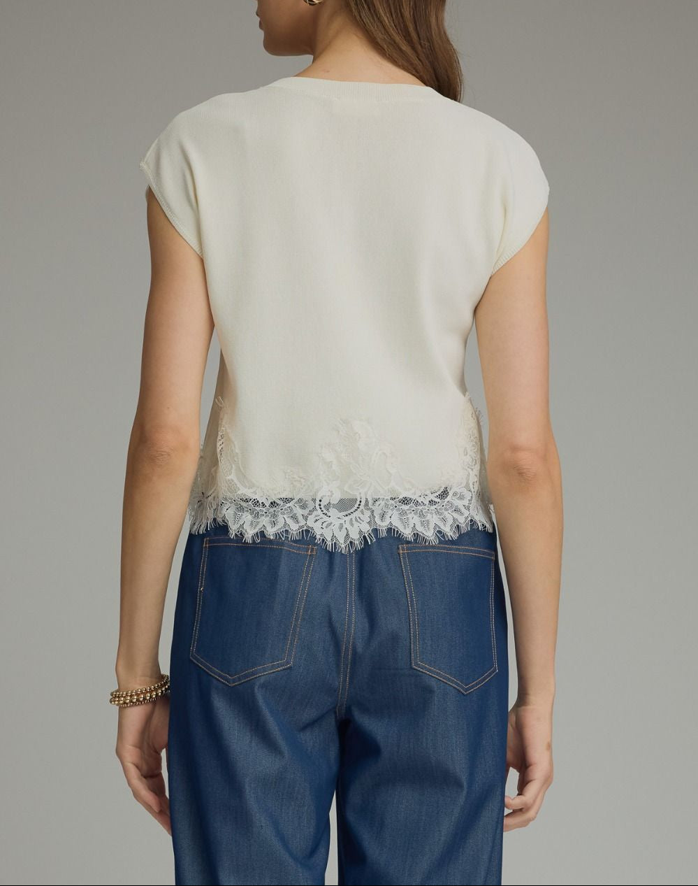 New You Cap Sleeve Lace Trim Top - Cream