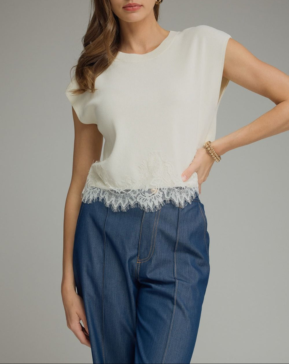 New You Cap Sleeve Lace Trim Top - Cream