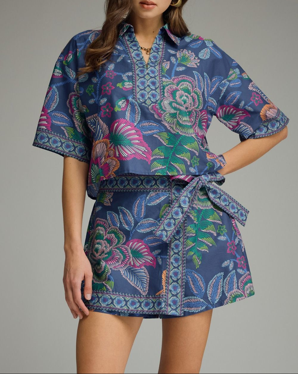 See You Botanical Print Wrap Front Skort - Indigo