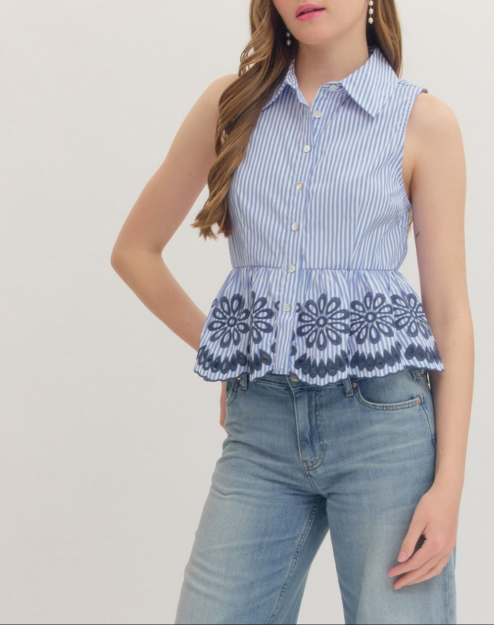 Impress You Striped Sleeveless Eyelet Top - Blue
