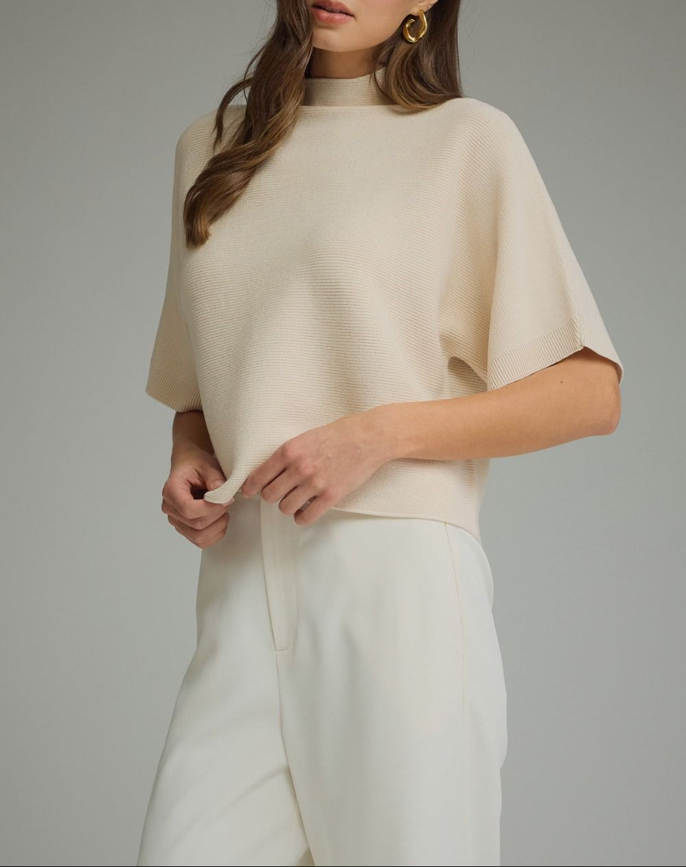 Sleigh Ride Mock Neck Short Sleeve Top - Ecru