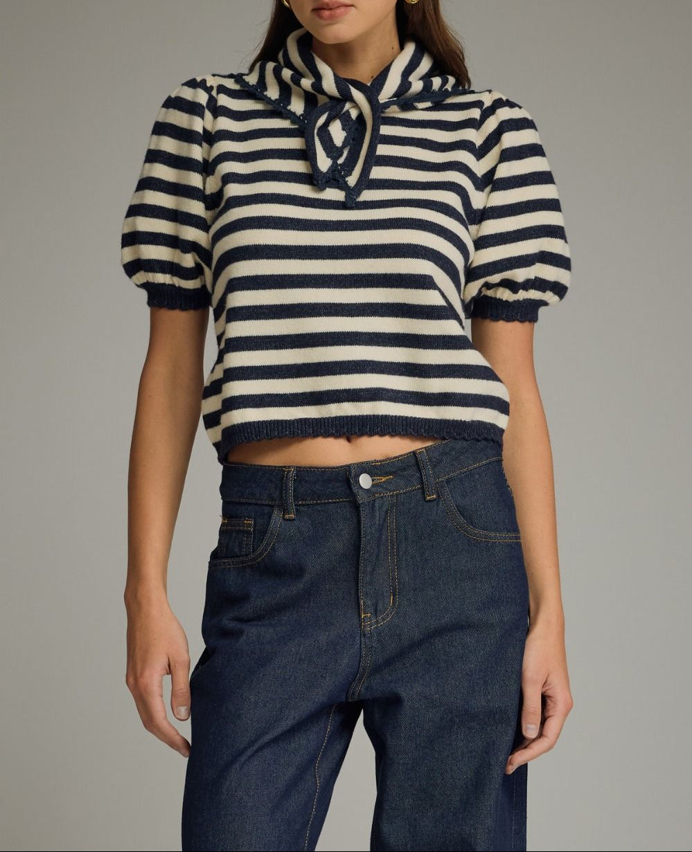 All Aboard Striped Puff Sleeve Collared Top - Navy