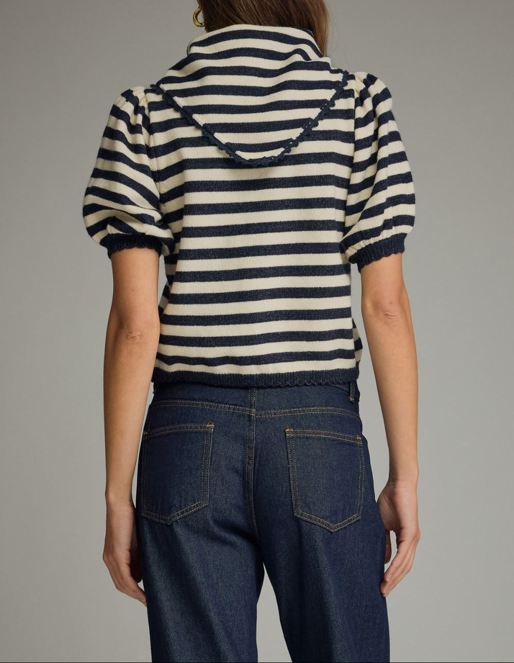 All Aboard Striped Puff Sleeve Collared Top - Navy