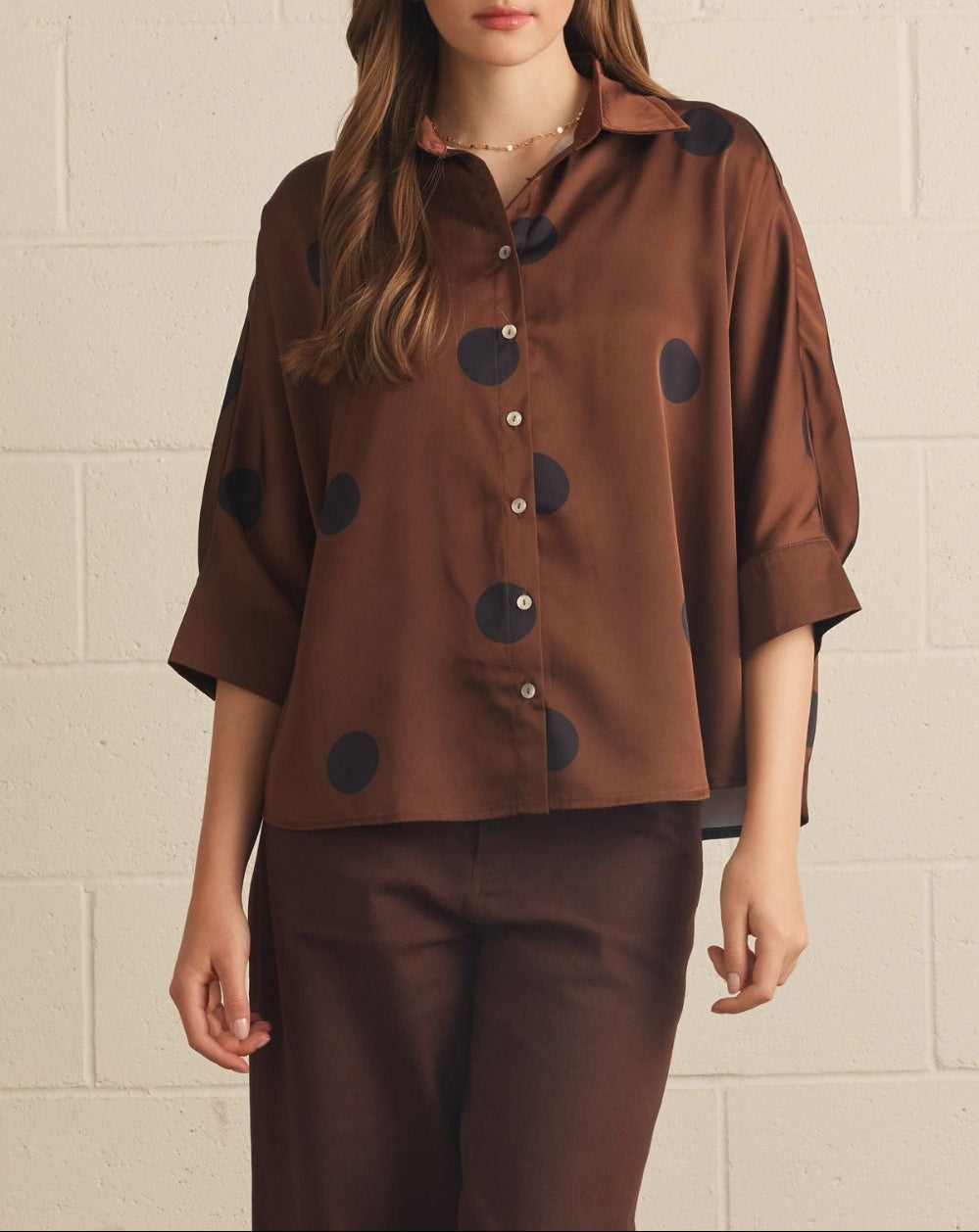 Sunday Morning Polka Dot Collared Top - Brown