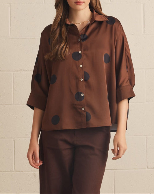 Sunday Morning Polka Dot Collared Top - Brown