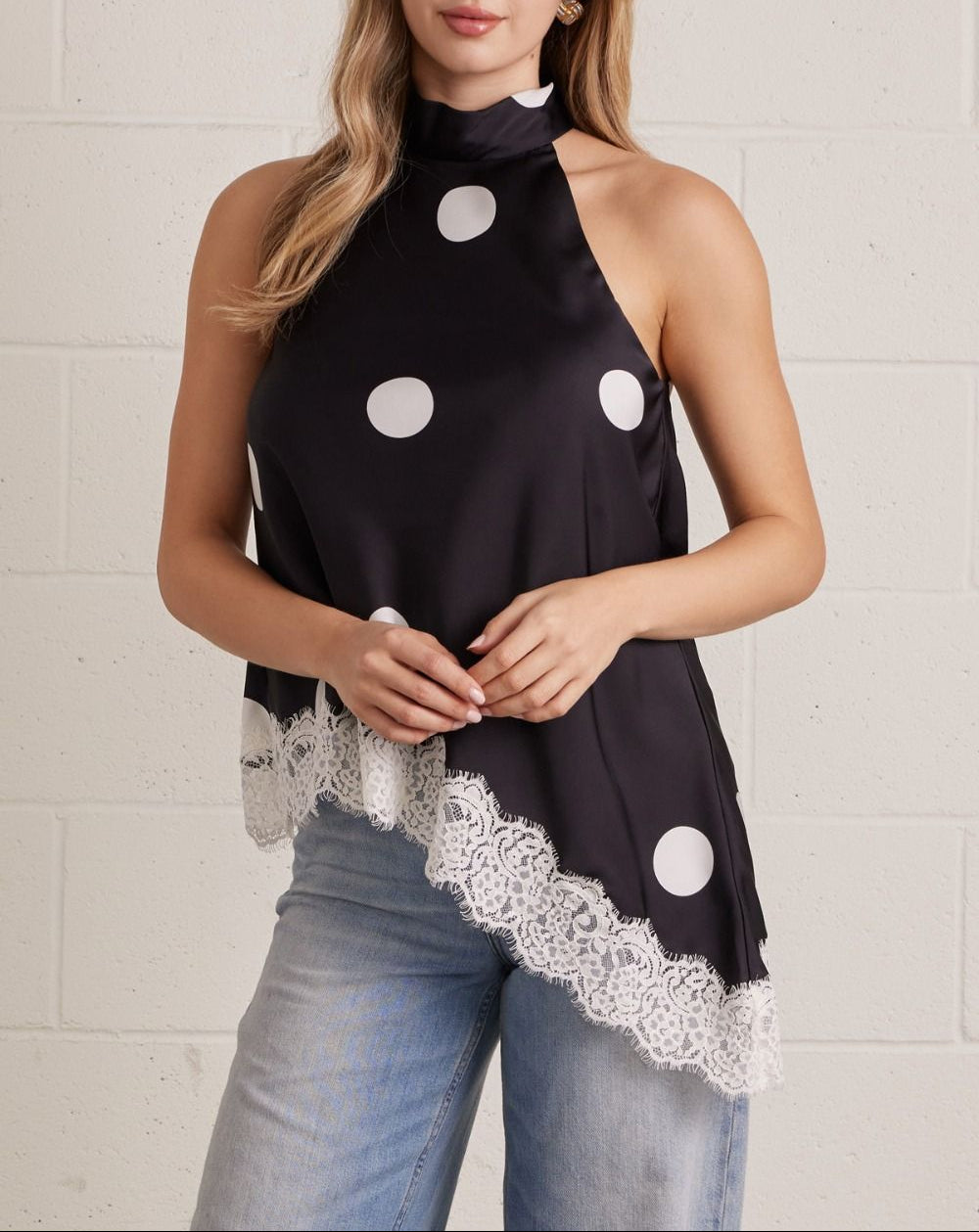 Out & About Polka Dot Halter Sleeveless Lace Trim Top - Black