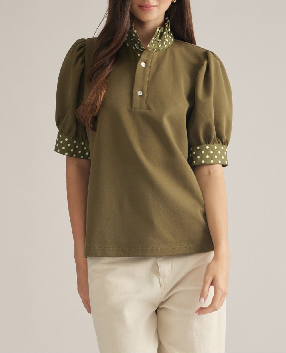 Feel Good Polkadot Ruffled Collar Top - Olive