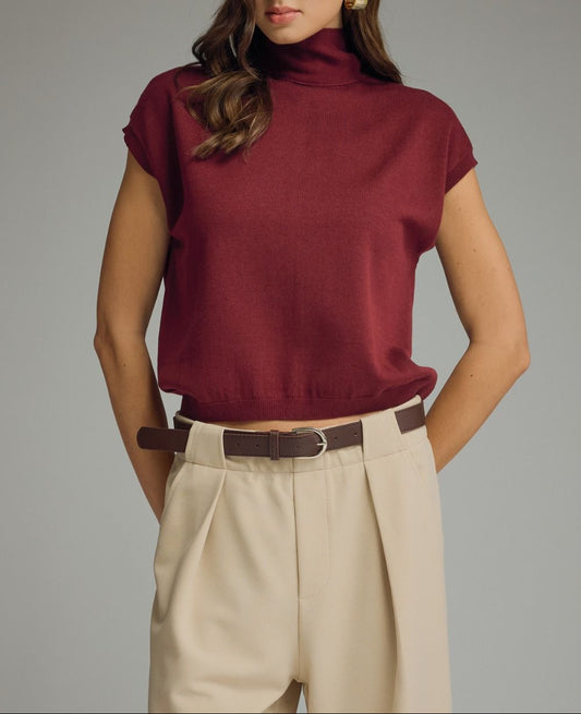 All Smiles Mock Neck Cap Sleeve Scarf Tie Top - Burgundy