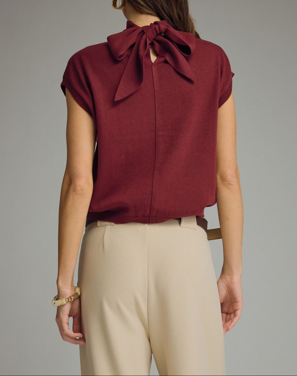 All Smiles Mock Neck Cap Sleeve Scarf Tie Top - Burgundy