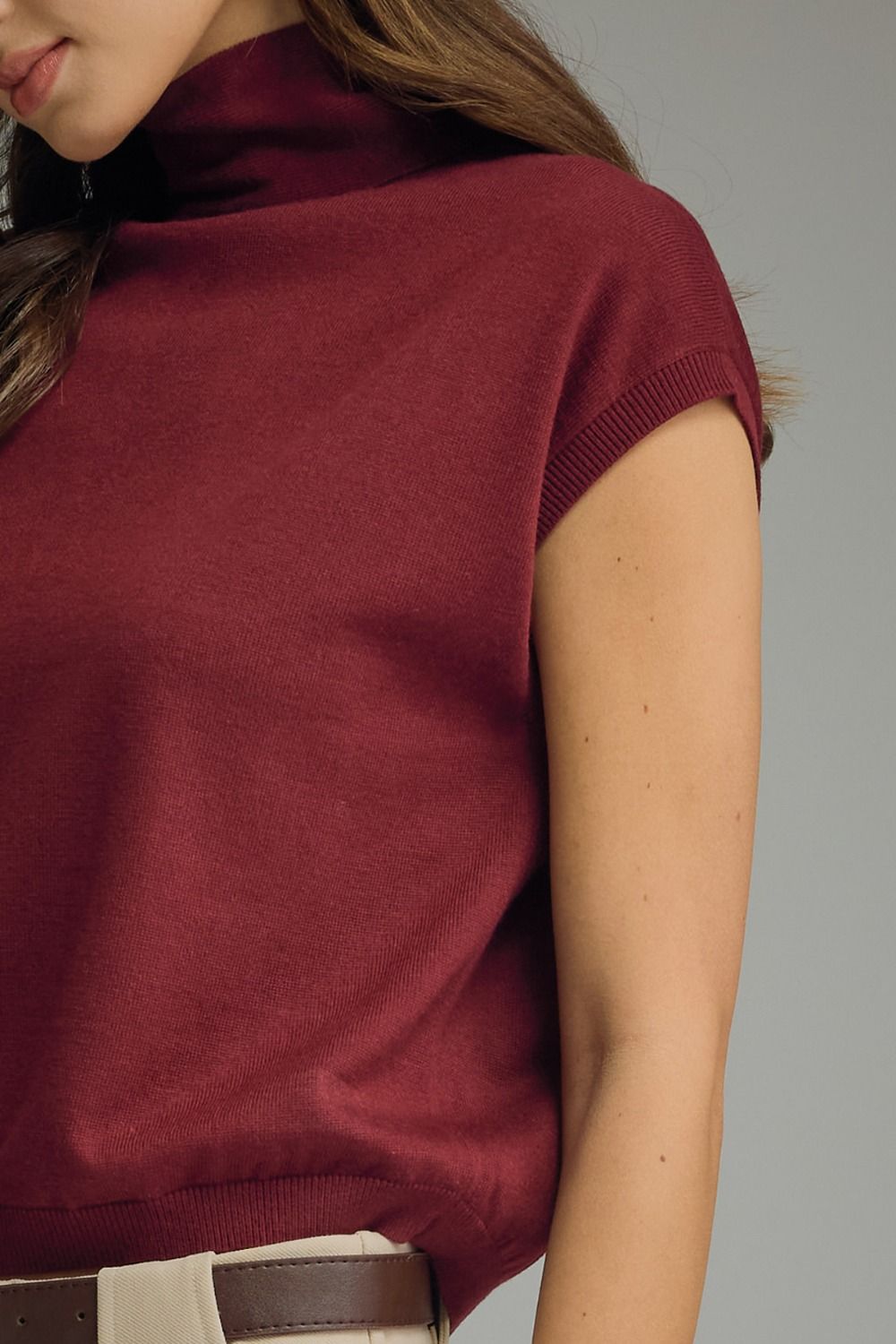 All Smiles Mock Neck Cap Sleeve Scarf Tie Top - Burgundy