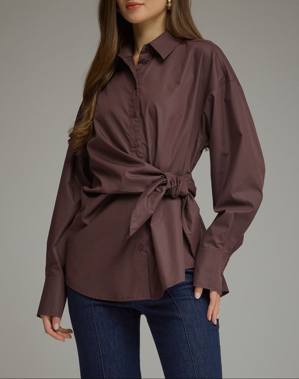 Sweet Treat Long Sleeve Self-Tie Waist Top - Chocolate