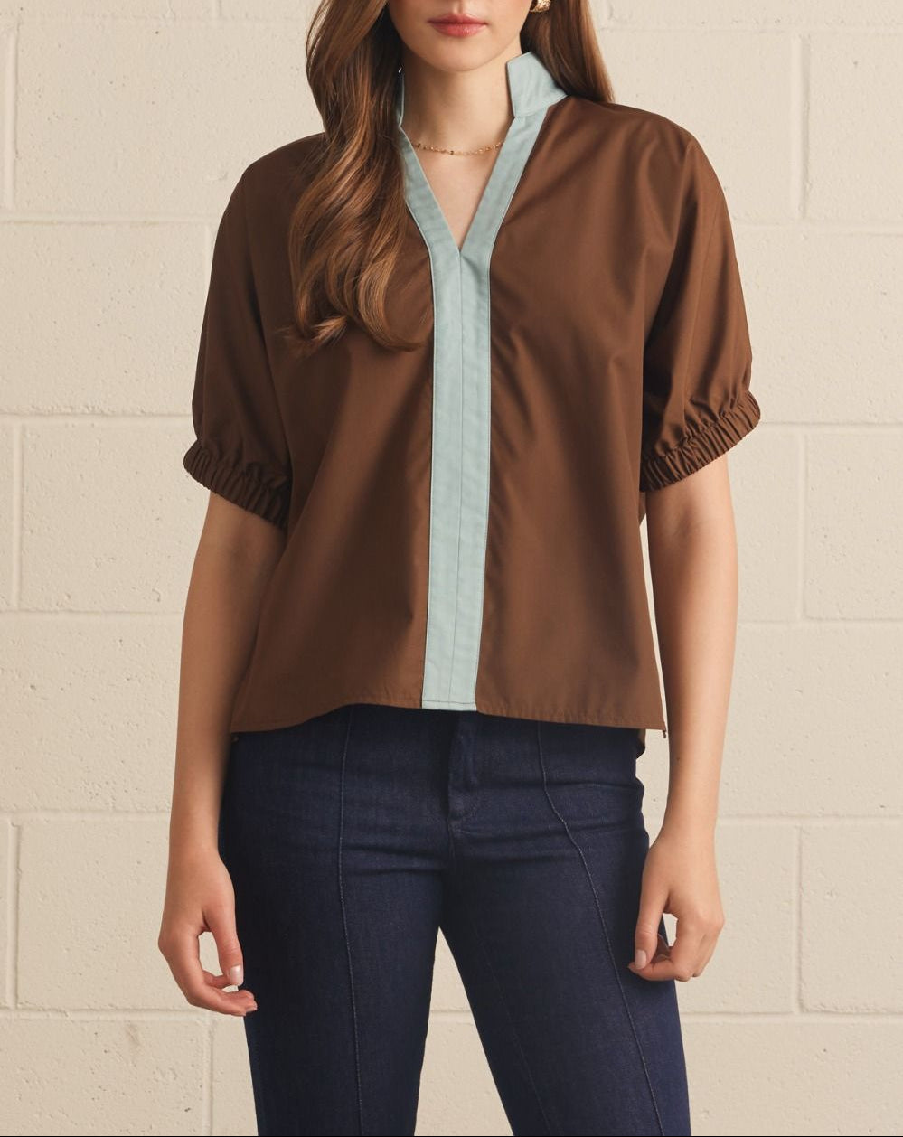 Even Now Puff Sleeve Contrast Collar Top - Brown