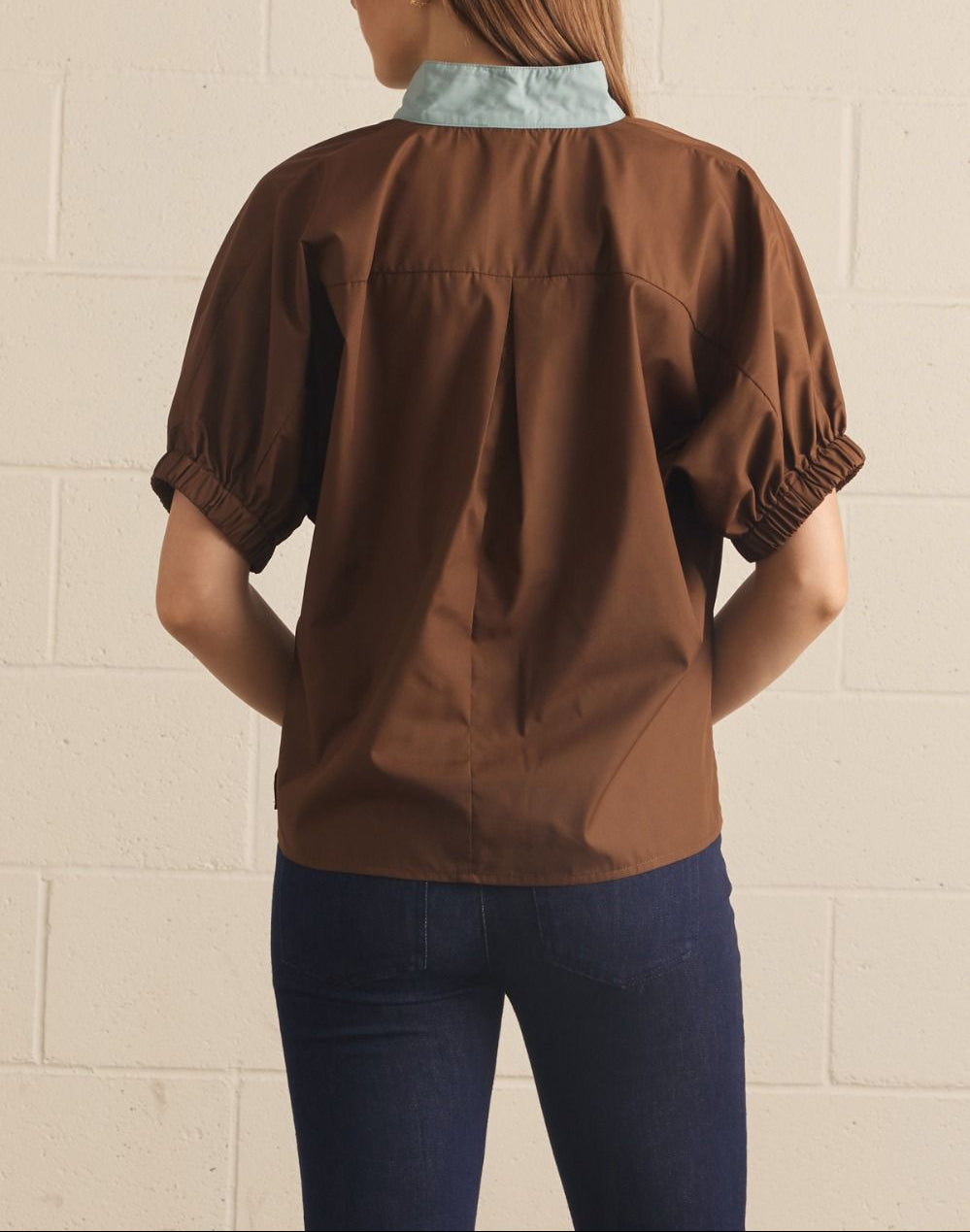 Even Now Puff Sleeve Contrast Collar Top - Brown