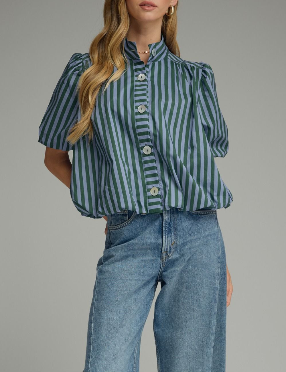 Honey Bee Striped Puff Sleeve Top - H. Green Blue