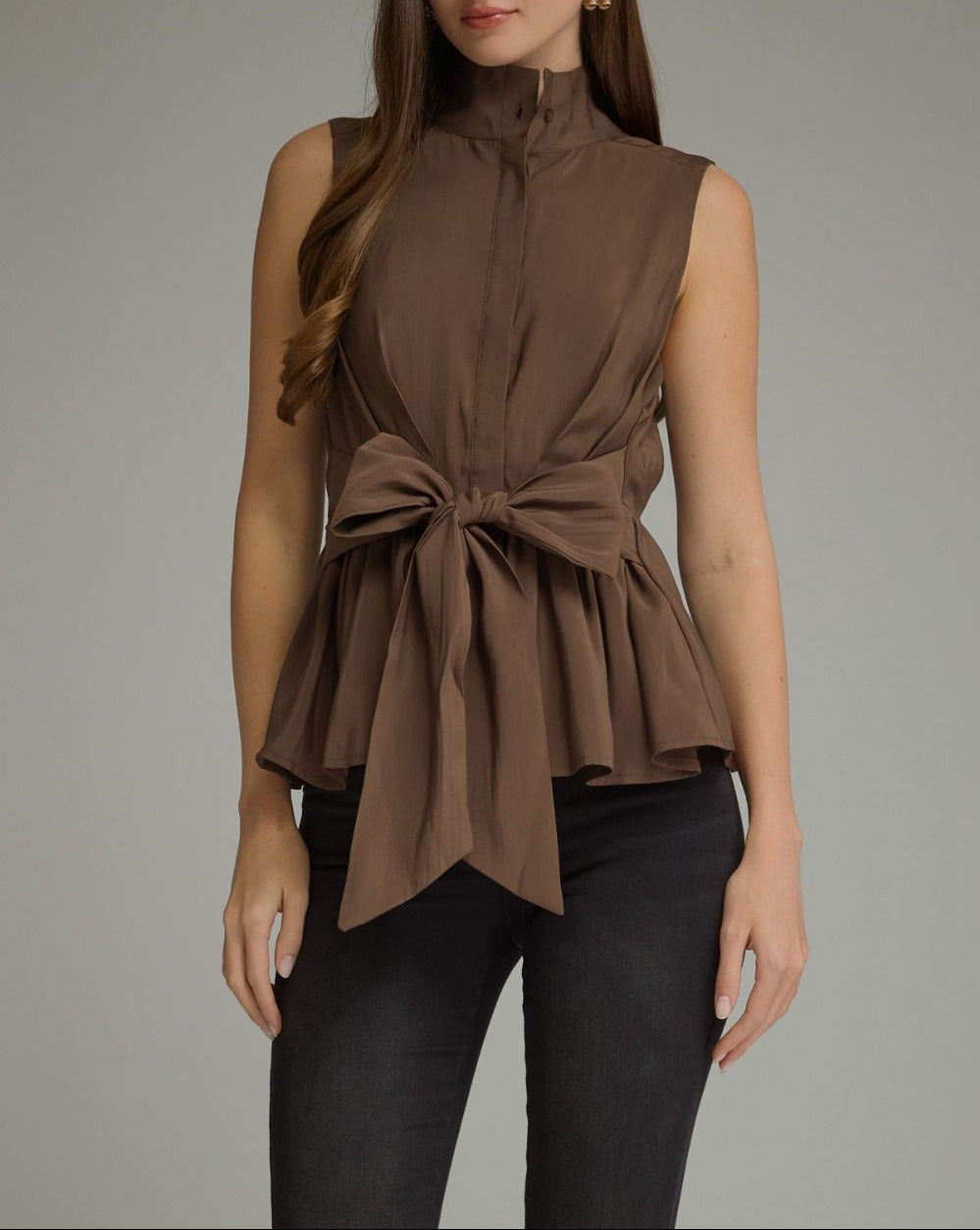 Sink In Mock Neck Front Tie Top - Brown