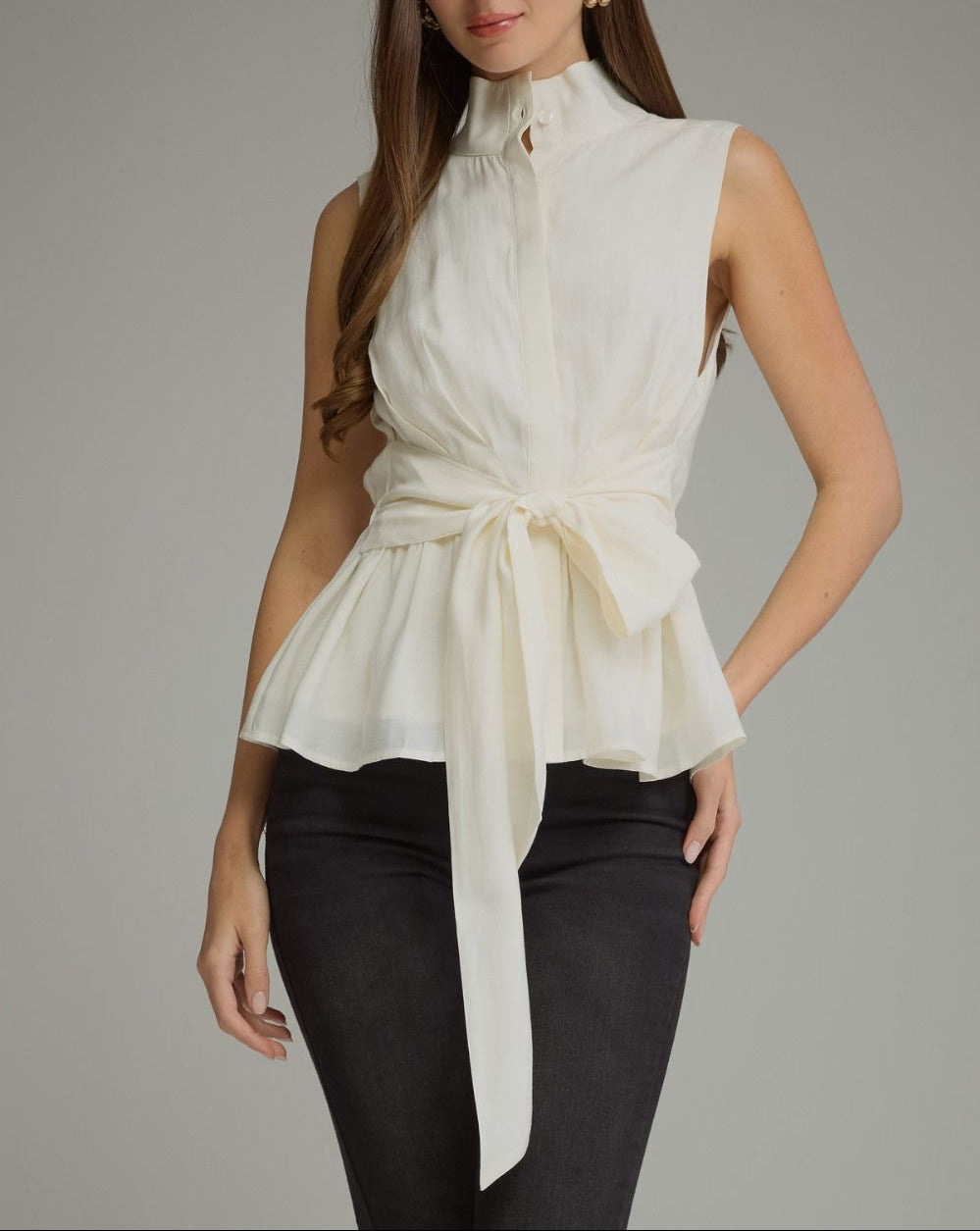 Sink In Mock Neck Front Tie Top - Cream