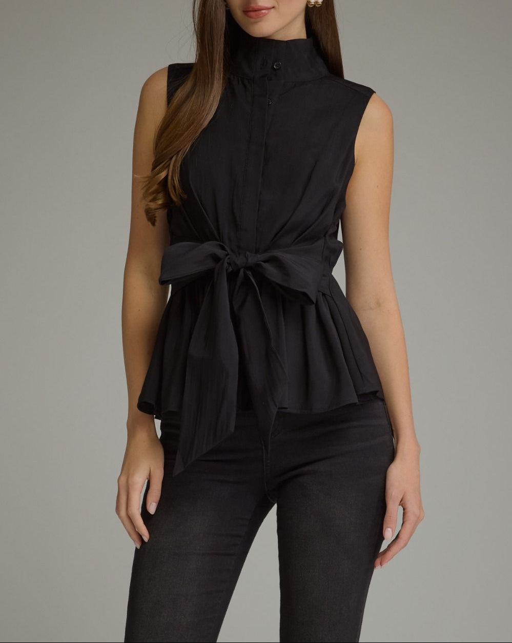 Sink In Mock Neck Front Tie Top - Black