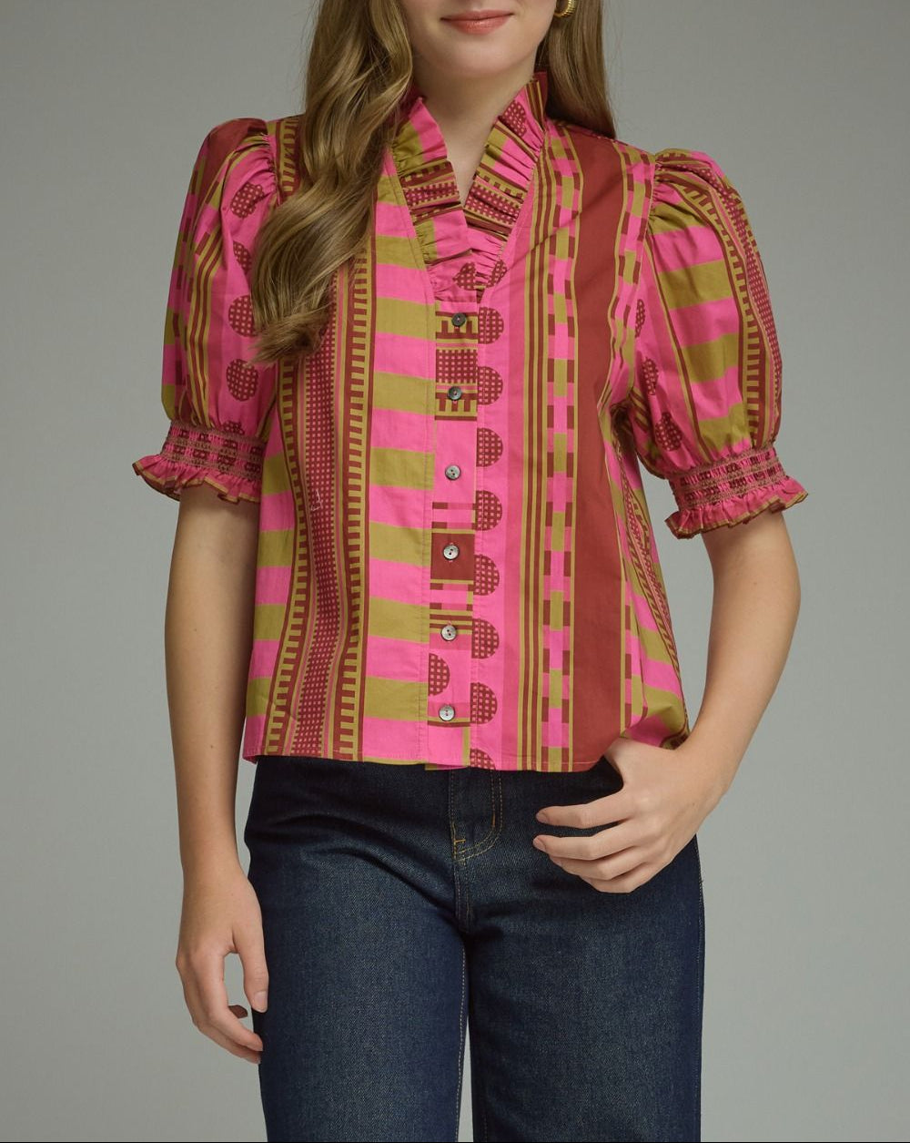 Wake Up Mixed Print Puff Sleeve Top - Plum