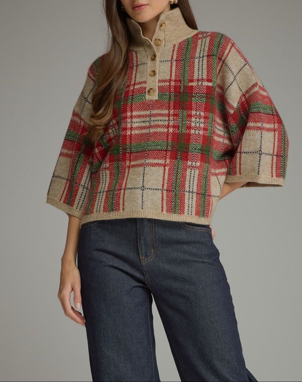 Rule Follower Plaid 3/4 Sleeve Sweater - Taupe