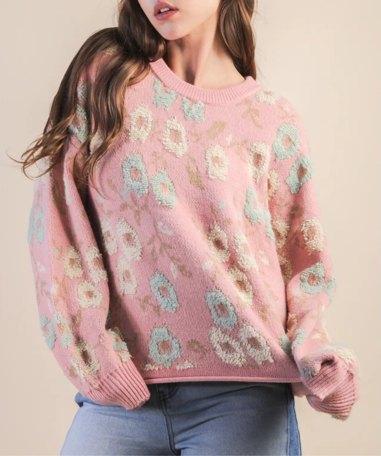 Good Days Oversized Floral Textured Sweater - Blush