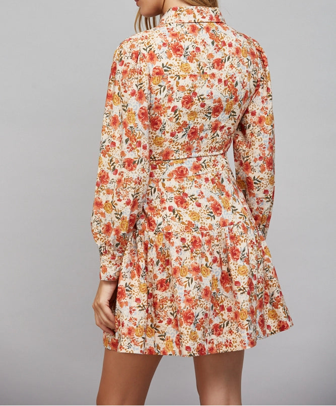 Believe It Matching Waist Tie Floral Print Button Down Shirt Dress - Cream Multi