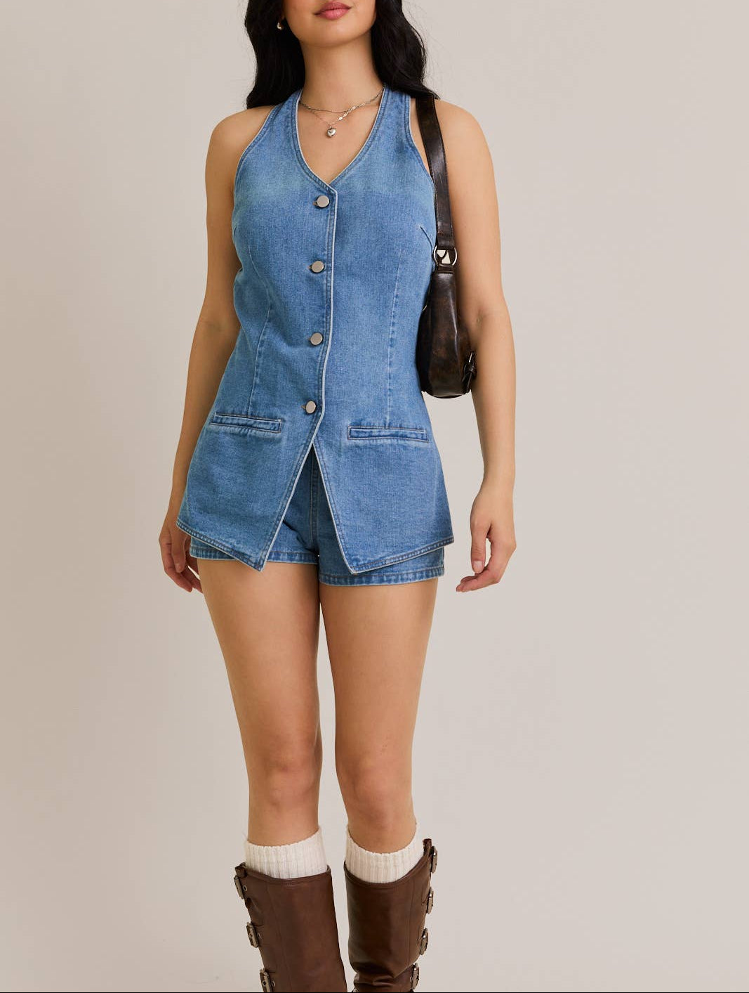 Toast To That Vest Style Romper with Micro Shorts - Denim