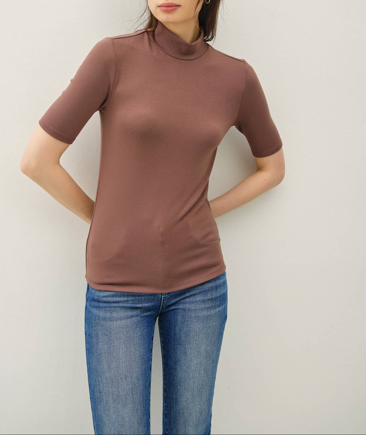 Bestseller Short Sleeve Mock Neck Knit Top - Brown