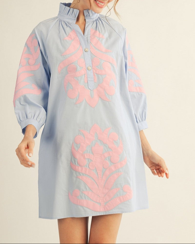 Blue Skies Baroque Floral Applique Shift Dress - Blue Skies