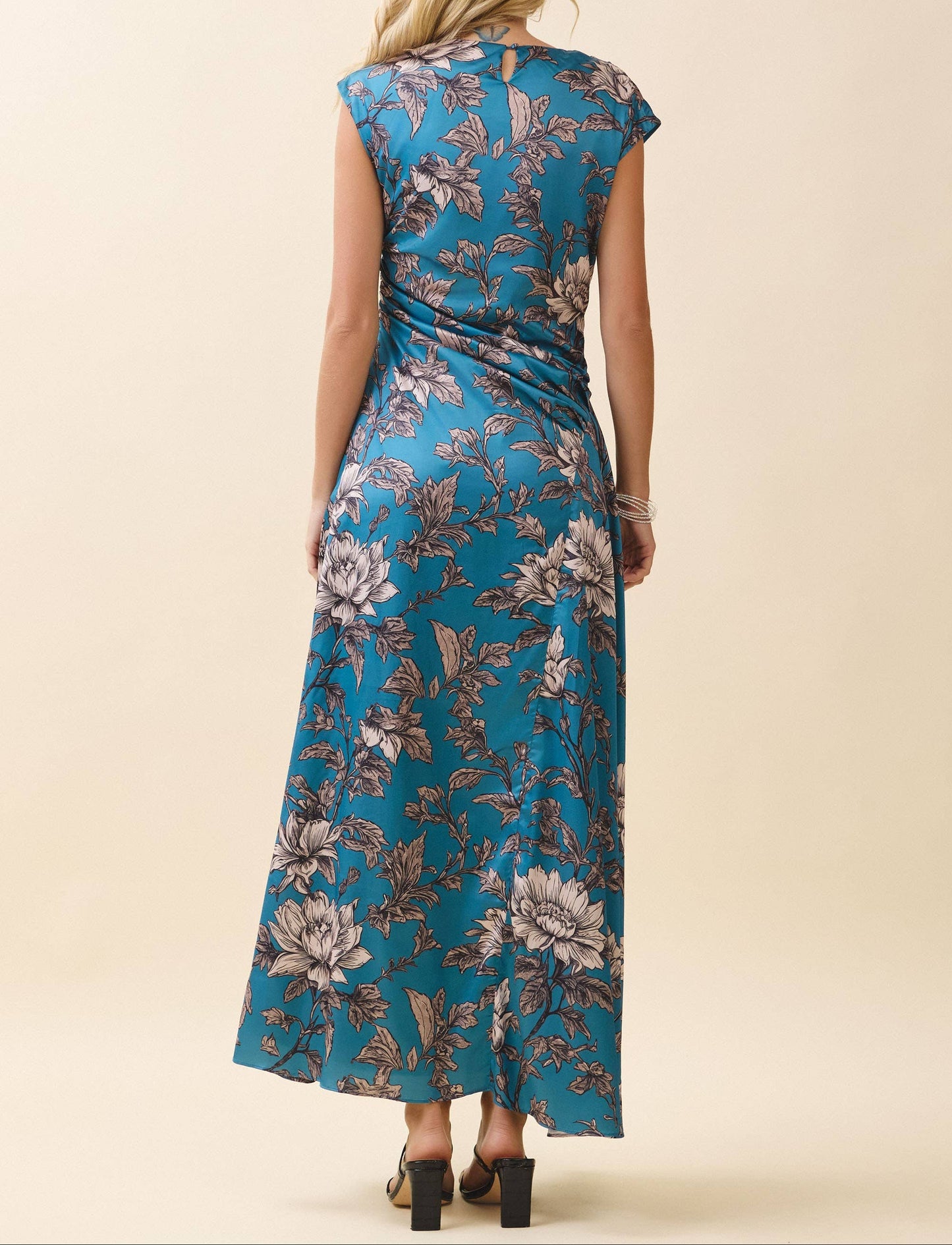 Classy Lady Satin Draped Cowl Neck Ruched Dress - Blue