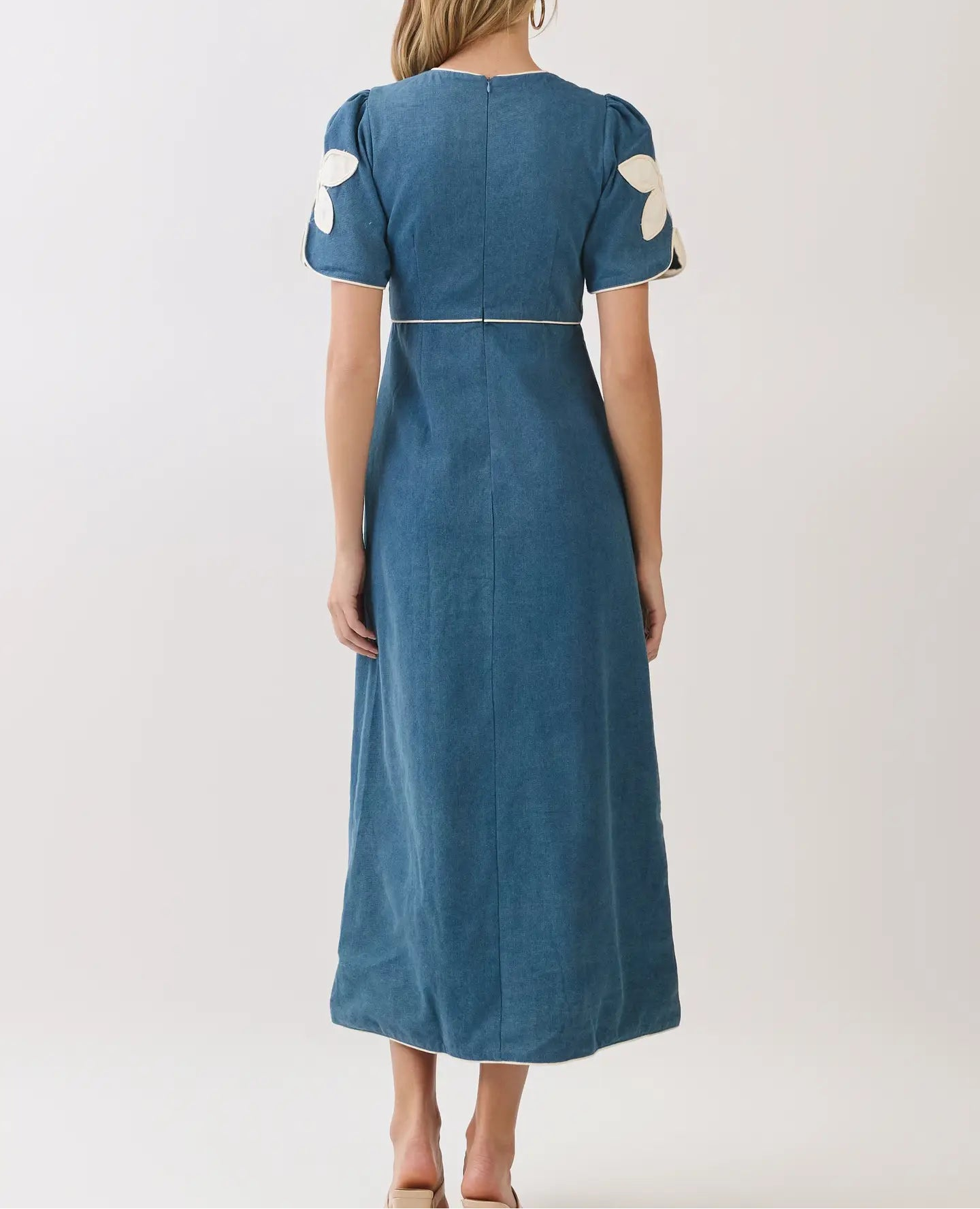 Catch Up Floral Appliqué Contrast Trim Midi Dress - Denim