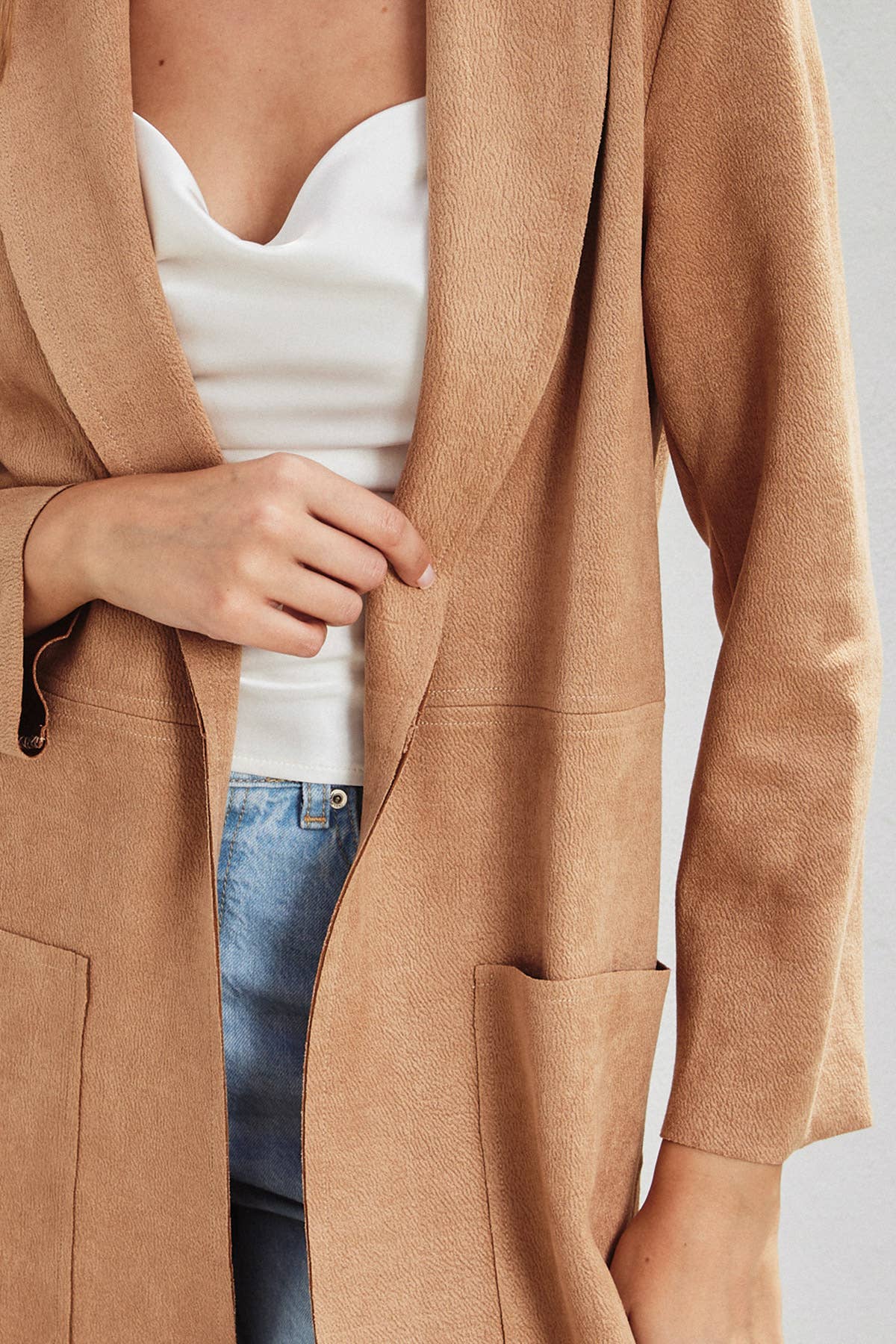 Adventure Awaits Textured Scuba Open Front Coat - Tan