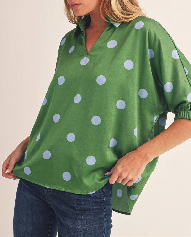 Super Moon Polka Dot Satin Top - Green