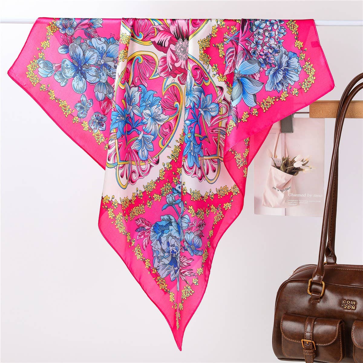 Vibrant Pink Floral Silk-Feel Scarf - Fuchsia