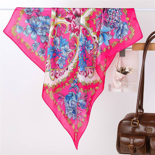 Vibrant Pink Floral Silk-Feel Scarf - Fuchsia