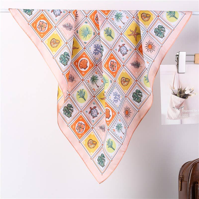 Nautical Shell & Palm Silky Feel Bandana Scarf - Peach