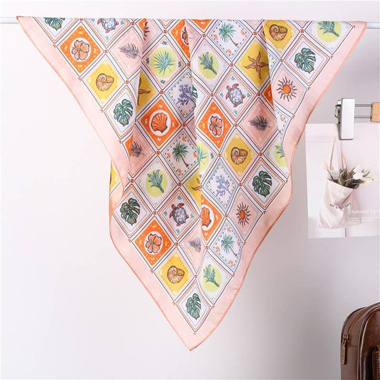 Nautical Shell & Palm Silky Feel Bandana Scarf - Peach